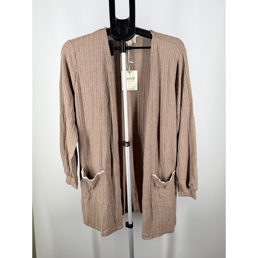 Perch by Blu Pepper Ribbed Lace Trim Open Front Cardigan Taupe Brown‎ 3XL